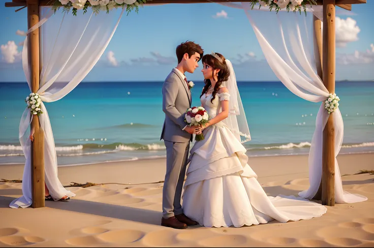 wedding couple looking at each other while getting married on the beach