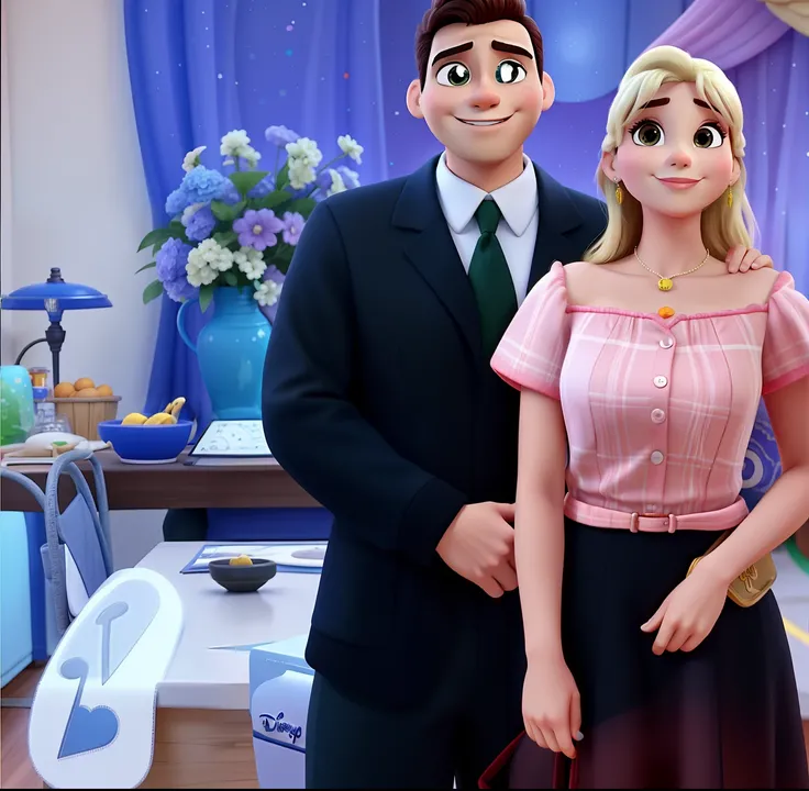 casal no estilo disney pixar, mulher loira, alta qualidade, melhor qualidade