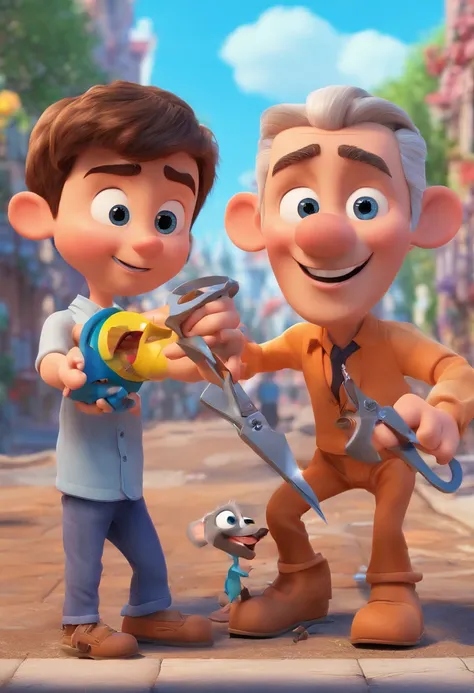 Estilo Pixar: The grown man is holding a naked blue-eyed boy and in his other hand he is holding a pair of scissors and is trying to cut off the boys testicles,3D Poster,Disney