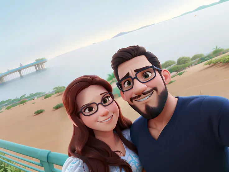 Casal (homem moreno e mulher branca) no estilo Disney Pixar, alta qualidade, melhor qualidade.