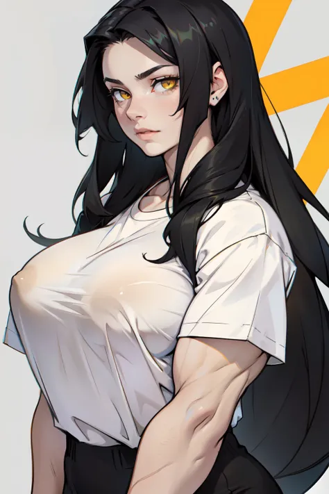 huge breasts pale skin very long hair black hair yellow eyes ((((((1 girl)))))) (((((muscular))))) (raising shirt)