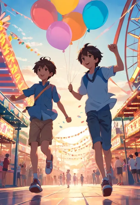 (SFW), two running boys, amusement park, holding balloons, happy, happy, perfect quality, clear focus, colorful, perfect face, intricate details, ultra-low viewing angle, wide angle lens --v 6