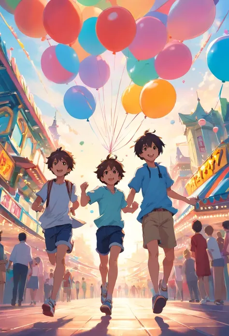 (SFW), two running boys, amusement park, holding balloons, happy, happy, perfect quality, clear focus, colorful, perfect face, intricate details, ultra-low viewing angle, wide angle lens --v 6