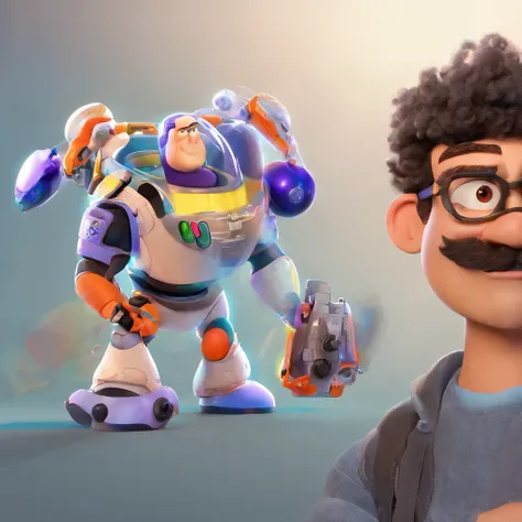 Criar um personagem no estilo Pixar. Trata-se de um homem de 30 anos, com barba, Branco, com cabelos castanhos, short in gradient model.