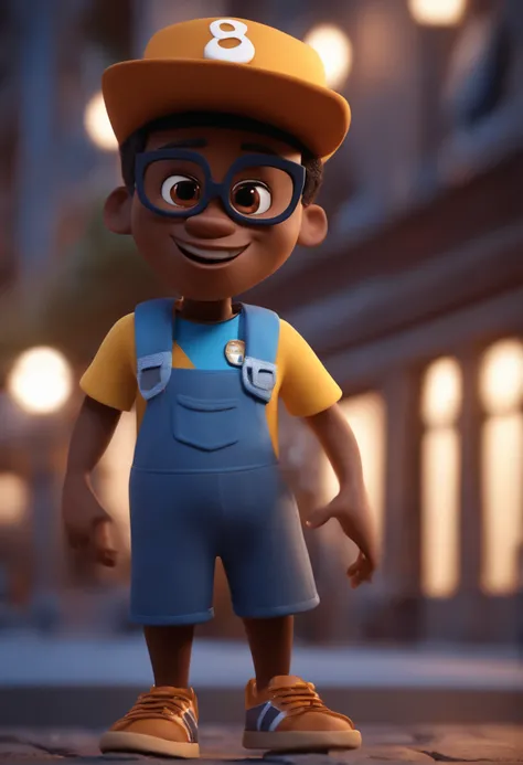 Cartoon character of a black man wearing black glasses and a blue shirt and cap on his head an animated character, Caractere estilizado, animation style rendering, 3D estilizado, Arnold Maya render, 3 d render stylized, toon render keyshot, Personagem 3D, ...