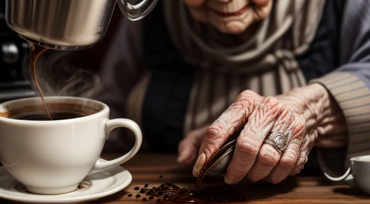 THE WISE OLD WOMAN MAKING COFFEE, close-up em seu rosto ultra detalhado, rugas detalhadas, pele realista, queimadura solar, dust, expression marks, olhos expressivos