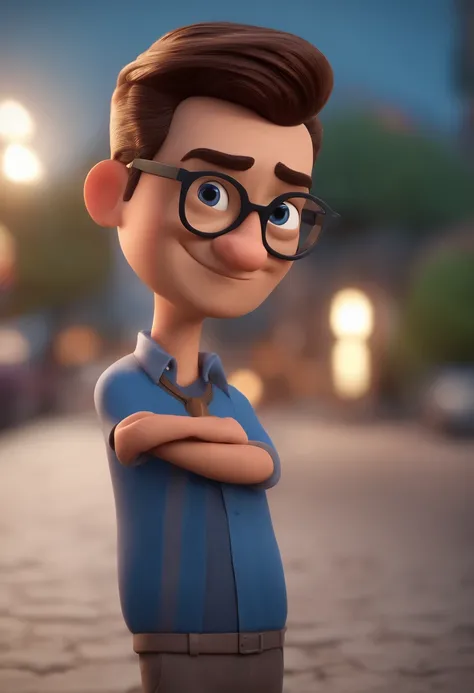 Cartoon character of a man with black glasses and a blue shirt, animation character, Caractere estilizado, animation style rendering, 3D estilizado, Arnold Maya render, 3 d render stylized, toon render keyshot, Personagem 3D, Personagem 3D, 3d rendering st...