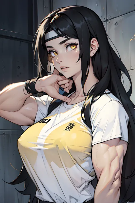 huge breasts pale skin very long hair black hair yellow eyes ((((((1 girl)))))) (((((muscular))))) ((raising shirt))