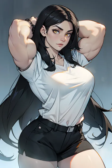 huge breasts pale skin very long hair black hair yellow eyes ((((((1 girl)))))) (((((muscular))))) ((raising shirt))