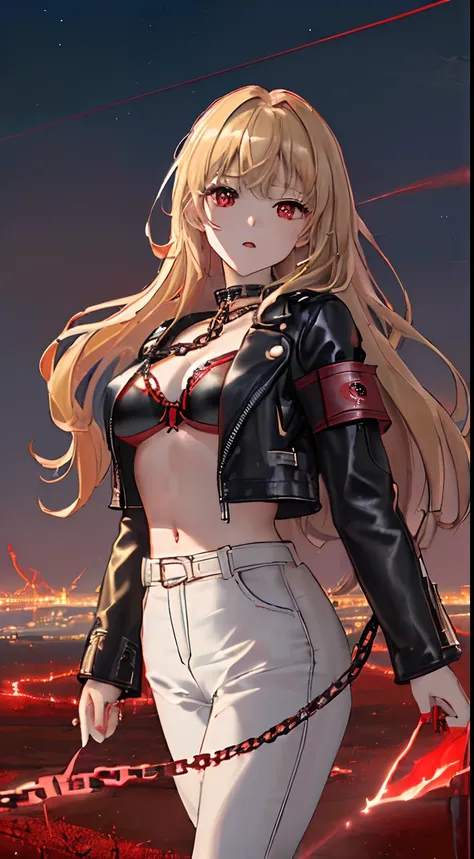 top-quality、Top image quality、​masterpiece、girl with((cute little、18year old、Best Bust、Medium bust、Bust 85,Red eyes to issue、Breasts wide open,Valley、Blonde long hair、A slender、Black leather bra、Black leather jacket、White trousers、astonished face、Follow yo...