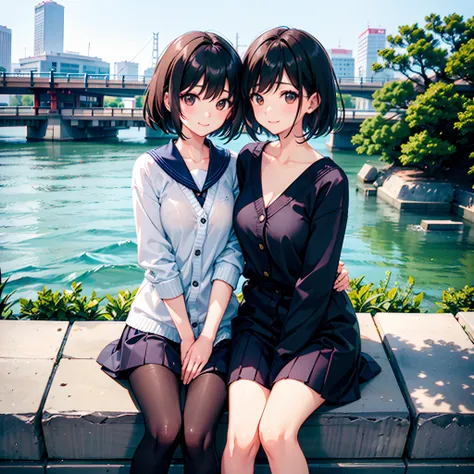 Two Japan women taking photos in a park on the Sumida River in Japan、She was a 27-year-old woman with loose, fluffy short hair and lobbed hair、One is a 31-year-old woman with small breasts and a dark brown lob、The two are having fun、small tits、Small、discre...