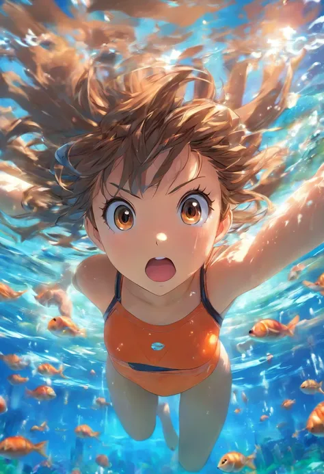 foreshortening,  profundidade de campo, master part, best quality, 1girl, brown hair, olhos castanhos,  cabelos longos, underwater, bolha de ar, sozinho, Olhando para o Viewer, school school swimsuit, swimming,  luz solar fraca,