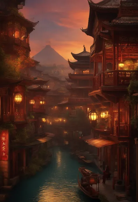 (best quality), garota,Fundo detalhado oriental, Paisagem urbana oriental, Steampunk, Miko