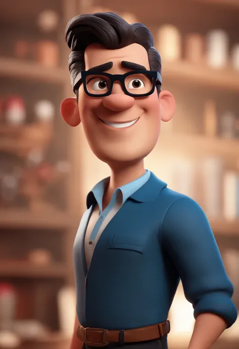 Cartoon character of a man with black glasses and a blue shirt, animation character, Caractere estilizado, animation style rendering, 3D estilizado, Arnold Maya render, 3 d render stylized, toon render keyshot, Personagem 3D, Personagem 3D, 3d rendering st...