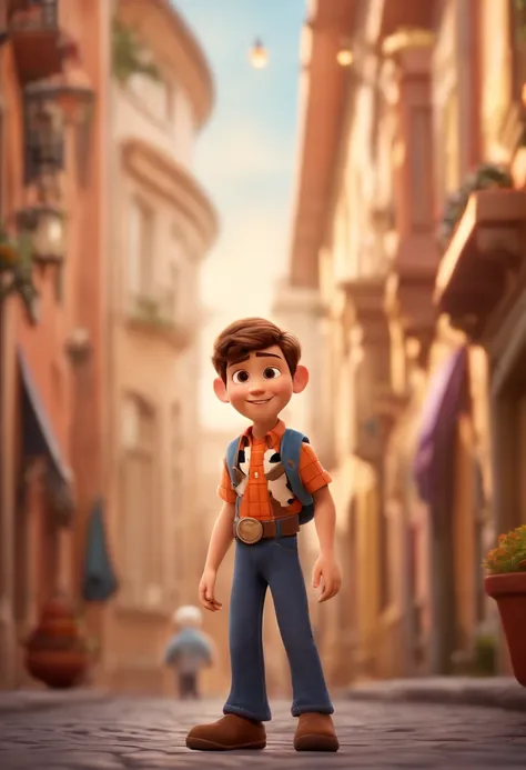 a happy cute kid standing short hair, vestindo uma fantasia espacial, , fundo branco, barnet, Tom, Estilo Pixar, ....3d, desenhos animados, rosto detalhado, asymmetrical 16k homem de 28 anos, cabelo escuro, olhos castanhos claros, em uma avenida movimentad...