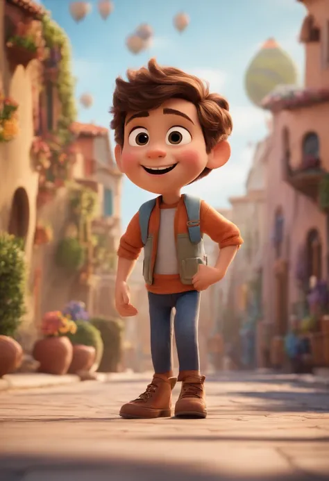 a happy cute kid standing short hair, vestindo uma fantasia espacial, , fundo branco, barnet, Tom, Estilo Pixar, ....3d, desenhos animados, rosto detalhado, asymmetrical 16k homem de 28 anos, cabelo escuro, olhos castanhos claros, em uma avenida movimentad...