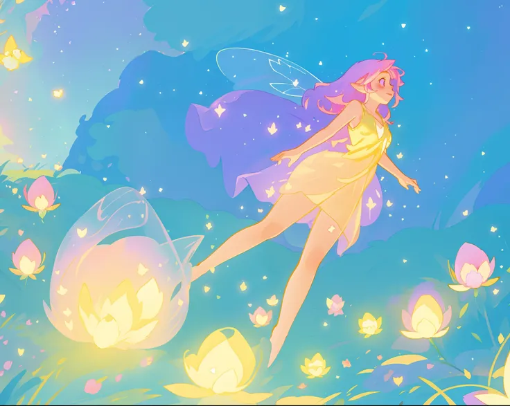 beautiful fairy girl in golden flowing dress, fairy dress, (huge sparkling purple pink fairy wings), fairy queen, ((magical colorful otherworldly landscape)), ((gold fairy flowers)), glowing balls of light, flowers made of light, meadow filled with glowing...