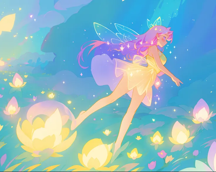 beautiful fairy girl in golden flowing dress, fairy dress, (huge sparkling purple pink fairy wings), fairy queen, ((magical colorful otherworldly landscape)), ((gold fairy flowers)), glowing balls of light, flowers made of light, meadow filled with glowing...