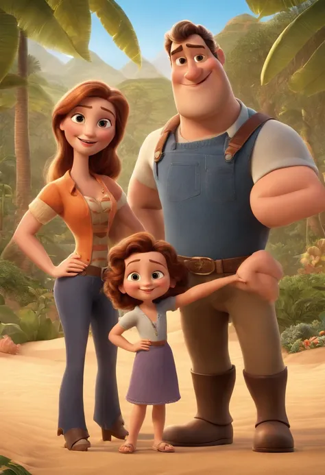 a Disney Pixar movie poster showing a white-skinned family. The father is the tallest, Tem barba curta, loiro, cabelos curtos e espinhosos. The mother has brown eyes and hair, shoulder-length and is slightly overweight. A menina tem 4 anos e cabelos castan...