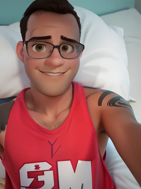 Jovem 25 anos deitado na cama com selfie desenho da pixar em 3D da Disney