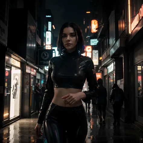 (highres,masterpiece:1.2),ultra-detailed,(realistic,photorealistic,photo-realistic:1.37),a woman standing in a blade runner city at night,detailed face,shining eyes,long waves of hair,confident stance,stunning outfit,surrounded by futuristic neon lights,gi...