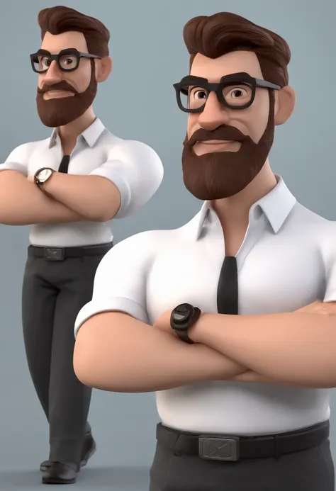 Cartoon character of a man with black glasses and a black polo shirt, cabelo liso, With beard and old school tattoo on his arm, animation character, Caractere estilizado, animation style rendering, 3D estilizado, Arnold Maya render, 3 d render stylized, to...