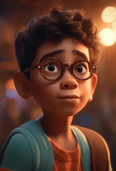 Image of a boy for a story in a YouTube video in Pixar format, Hes the little one,Hes outgoing, Playful and gets up for a lot of things. Ele tem cabelos escuros e usa oculos redondos.