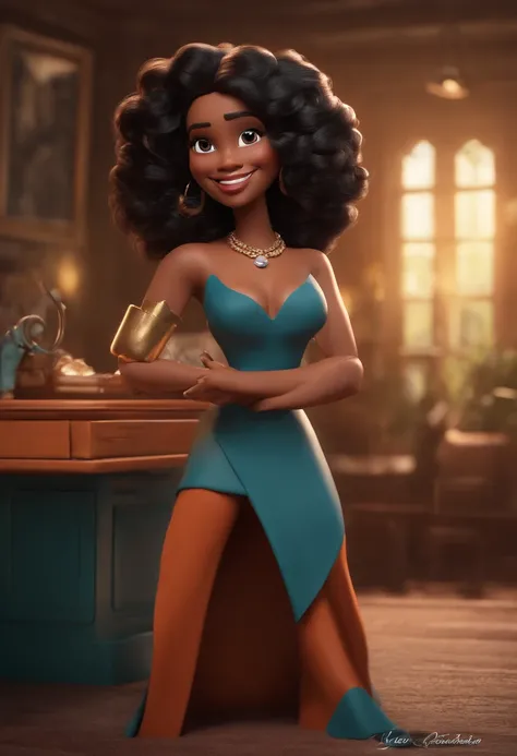 personagem dos desenhos animados de uma mulher com cabelos afro preto na altura dos ombros, magra,com um grande sorriso,usando vestido vermelho com um pano por cima dos ombros,  nariz pequeno e fino, pouco peito animation character, Caractere estilizado, a...