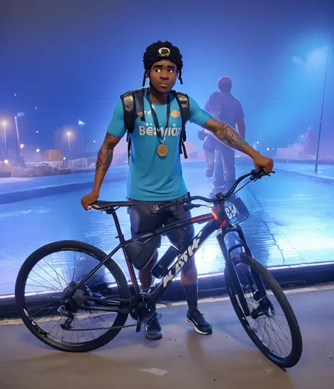 A 36-year-old black man, holding his black bike with red, tattoos on his arms and feathers without a beard, wearing a blue t-shirt and medal in black shorts