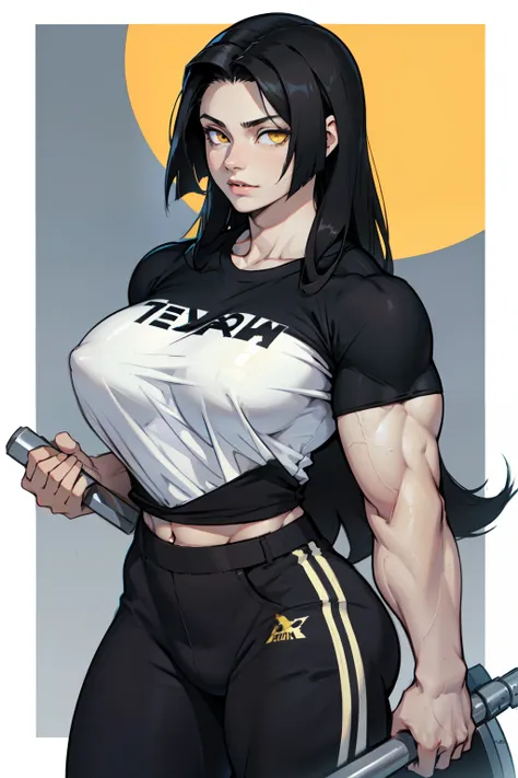 huge breasts pale skin very long hair black hair yellow eyes ((((((1 girl)))))) (((((muscular))))) (lifting_shirt)