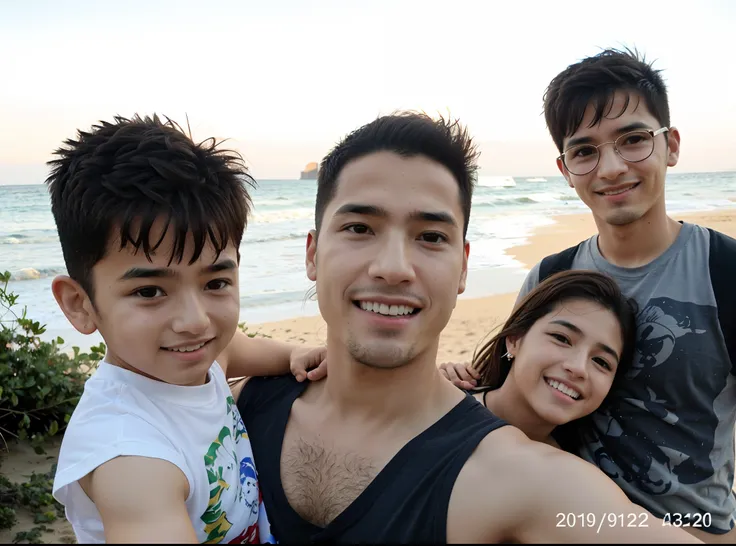 there are three people that are posing for a picture together, Happy family, Directed by: Nandor Soldier, imagem de perfil, foto de perfil, Foto realista, na praia, family portrait, foto do perfil, fotografia, imagem do avatar, Directed by: Luis Miranda, f...