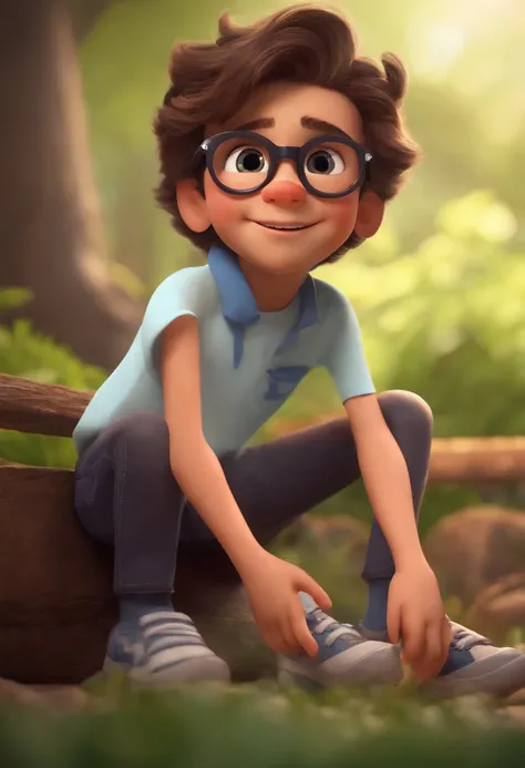 Image of a boy for a story in a YouTube video in Pixar format, Hes the little allabester, Hes the class leader, Hes outgoing, Playful and gets up for a lot of things, cabelo curto e escuros, usando oculos. He is white.