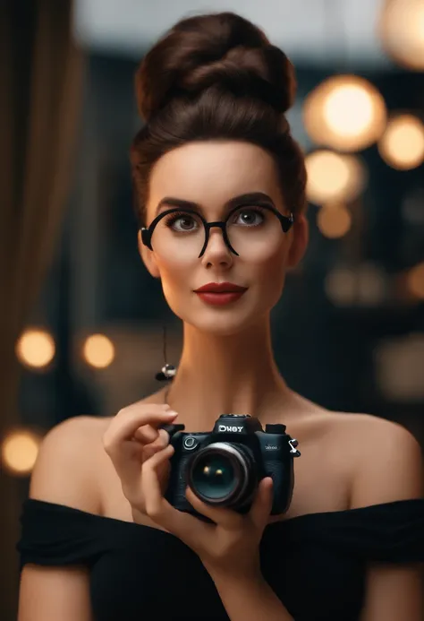 Pixar style image with 3D character glasses brunette woman brown hair with bun, with a makeup-free camera photographer dressed in black Disney outfit, bonitinho, sorridente ,Close-up, Pixar, Disney, Cinema lighting in a photo studio.