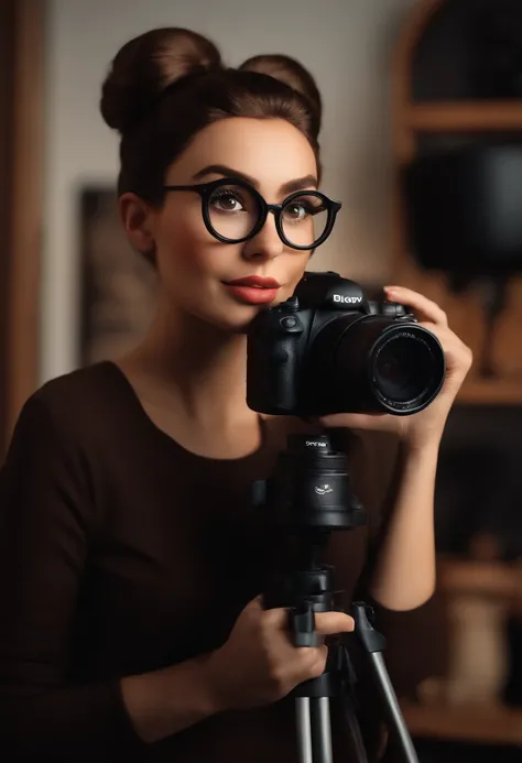 Pixar style image with 3D character glasses brunette woman brown hair with bun, with a makeup-free camera photographer dressed in black Disney outfit, bonitinho, sorridente ,Close-up, Pixar, Disney, Cinema lighting in a photo studio.