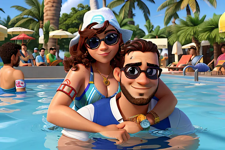 homen moreno de barba e mulher loira de oculos de sol numa piscina de clube, estilo pixar, alta qualidade, melhor qualidade