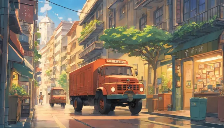 A truck passing through the office district, pencil drawing, Truck Details, Detailed buildings, cena de rua movimentada, alta qualidade, estilo realista, preto e branco, soft lighting , muita chuva,