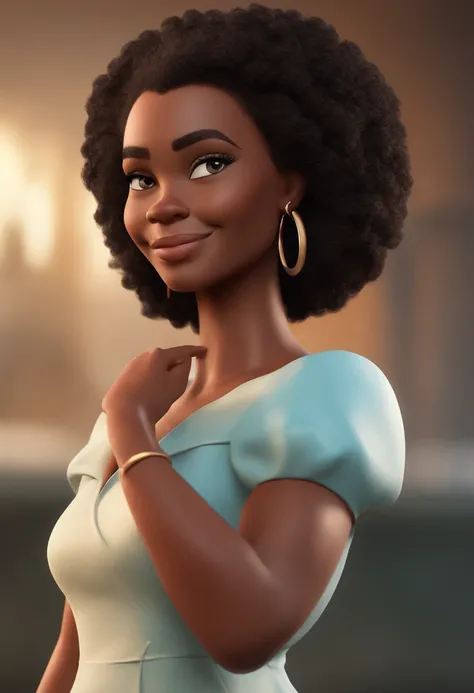 personagem dos desenhos animados de uma mulher com cabelos afro preto curto, magra,com um grande sorriso,with a red dress,  nariz pequeno e fino, pouco peito animation character, Caractere estilizado, animation style rendering, 3D estilizado, Arnold Maya r...