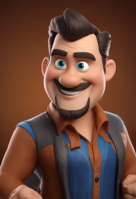 Personagem de desenho animado estilo pixar homem com 40 anos sorridente com camisa azul, com cabelos pretos, olhos castanho Caractere estilizado, animation style rendering, 3D estilizado, Arnold Maya render, 3 d render stylized, toon render keyshot, Person...