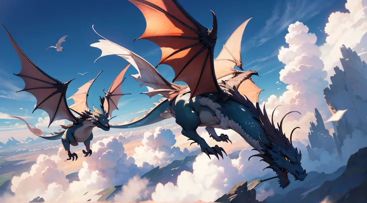 Two dragons flying in a sky full of clouds