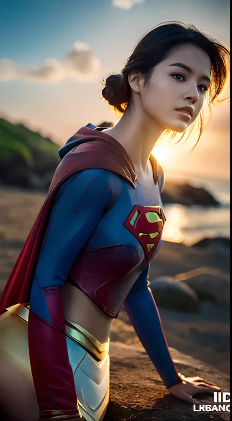 1girl in, Beautiful Hawaiian Woman,((Supergirl Suit)),(sleeveless)，A sexy， superman logo,  full-shot, Standing Pose, looking at the viewers,Hawaiian Landscape,the beach，细致背景,Photorealsitic、a picture、​masterpiece、reallistic、真实感、photorealisim、High contrast、P...