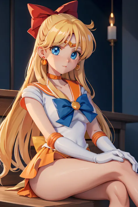 masterpiece, best quality, highres, venus1, 1girl, solo, sailor senshi uniform, sailor venus, aino minako, blonde hair, magical girl, blue eyes, orange skirt, elbow gloves, tiara, pleated skirt, hair bow, orange sailor collar, miniskirt, choker, red bow, o...