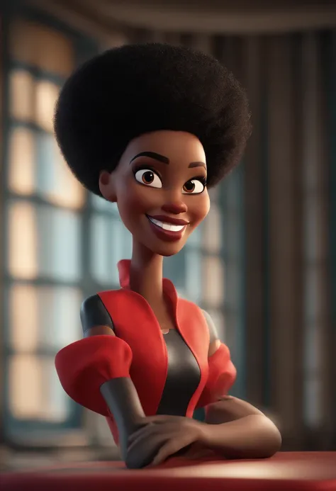 Cartoon character of a woman with medium black afro hair, magra,com um grande sorriso,with a red dress,  nariz pequeno e fino, pouco peito animation character, Caractere estilizado, animation style rendering, 3D estilizado, Arnold Maya render, 3 d render s...