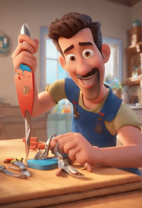 Estilo Pixar: The grown man is holding a naked blue-eyed boy and in his other hand he is holding a pair of scissors and is trying to cut off the boys testicles,3D Poster,Disney