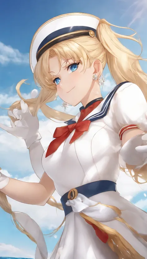 close up, 1 girl, sailor, Tsukino Usagi, (a sailor suit:1.2), (aqua eyes:0.9), Blonde hair, Medium Hair, wedge skirt, Best Quality, earrings, masutepiece, High resolution, Intricate details, (Realistic)), Photography, (White elbow gloves:1.1), Jewelry, med...