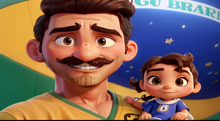 Homem de cabelo curto, com olhos preto e bigode, with a baby on her lap of wavy brown hair, com olhos castanhos