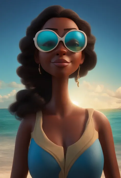 Pixar style image with 3D character white glasses dark-skinned woman long hair, pousando frente ao mar, Maquiagem Disney,Pescador, bonitinho, sorridente ,Close-up, Pixar, Disney, Cinema lighting,