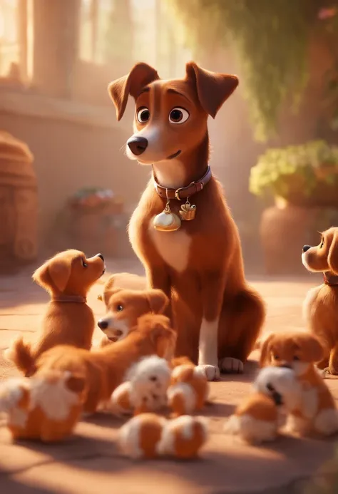 Pixar. Mulher de 43 anos baixinha com 2 cachorros vira-latas caramelo. Um grande com focinho branco, outro menor e femea caramelo.