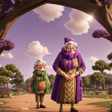 masterpiece, best quality, an old woman with glasses and a scarf on, wearing a purple coat and green scarf, standing at the park