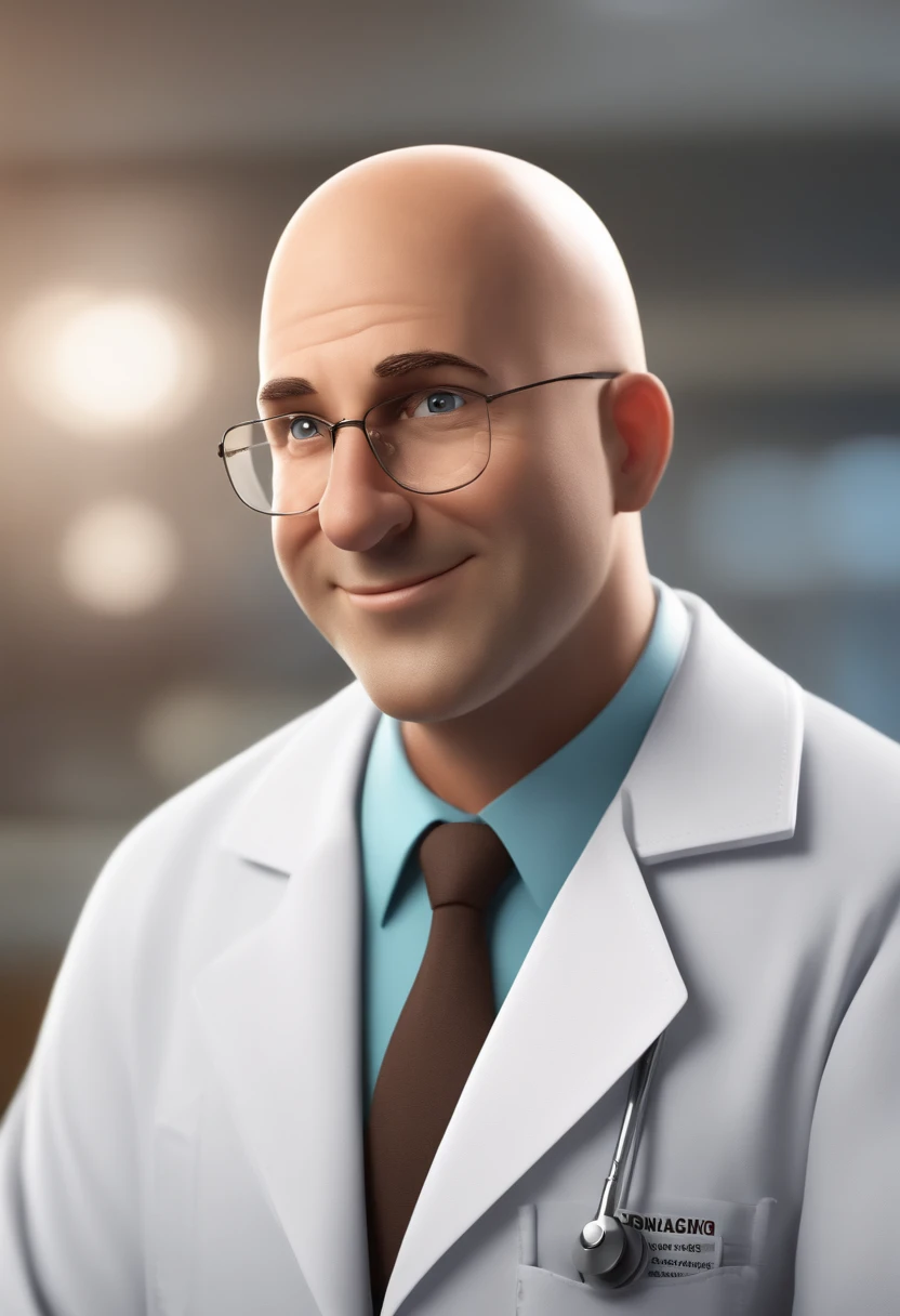 Personagem de desenho animado, estilo Pixar, Disney. Um homem de 47 anos, medic, wearing a doctors lab coat, sem cabelos, careca (no hair, bald), Rosto ovalado, sorriso encantador, e olhos castanhos. The background of the image should be a doctors office w...