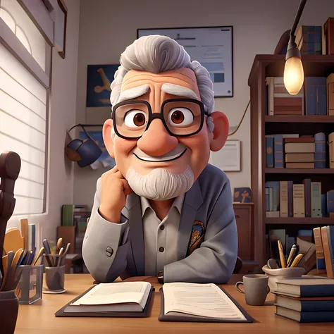 velho, inspirado na Disney Pixar, Inspirado pelo pastor ( Rubens Janeiro ) A gray-haired man wearing glasses in an office with a book on the table looking to the serious future, old man, cabelos grisalhos, um terno